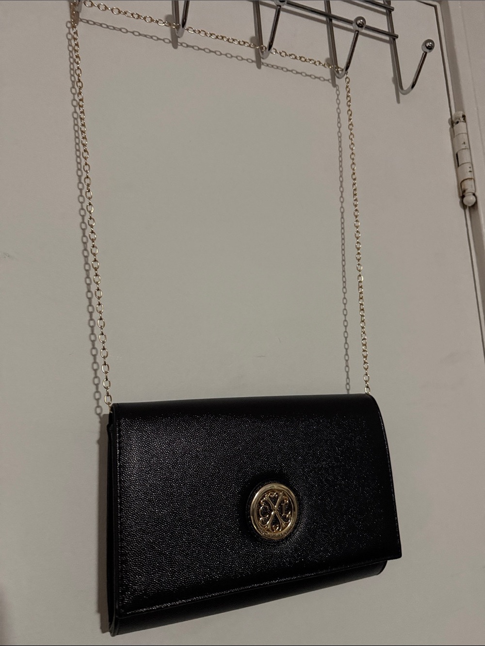 Christian Lacroix Black Crossbody Bag with Gold Chain and Logo Medallion